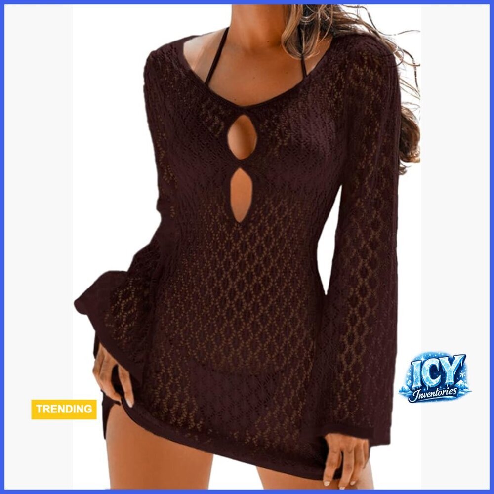 Crochet Swimsuit Cover-Up, Boho Long Bell Sleeve Mini Dress